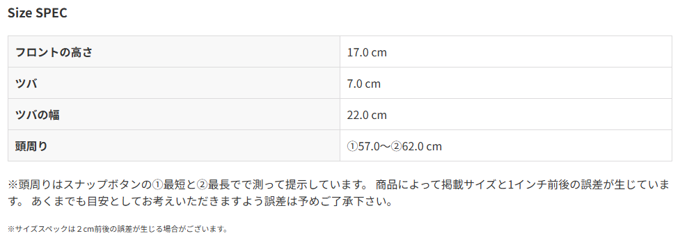 コットンツイルフラットバイザーキャップのサイズ表